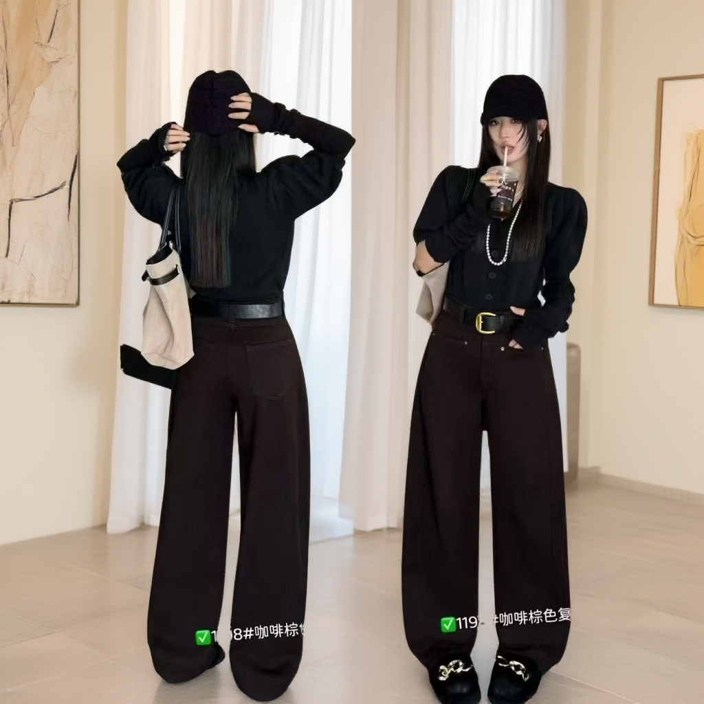 欧货高级深棕色加绒加厚弹力弯刀裤宽松阔腿气球牛仔裤子女1198