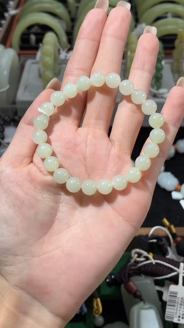 未镶嵌手串和田玉若羌白玉微色差卡8圆珠手串