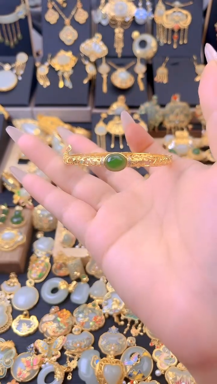 和田玉银S925镀金镶嵌项圈花丝镂空碧玉单面手镯