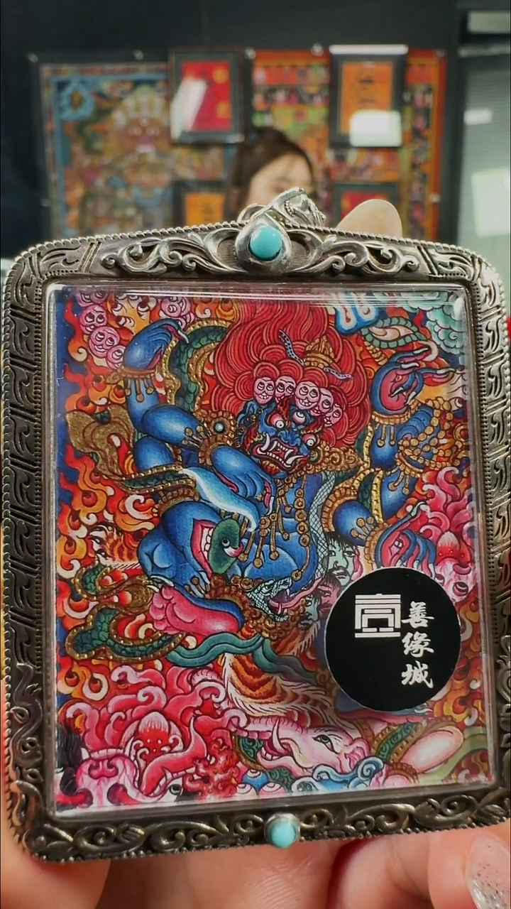 吊坠壹善缘城手绘唐卡黑六臂带潜水防水银壳