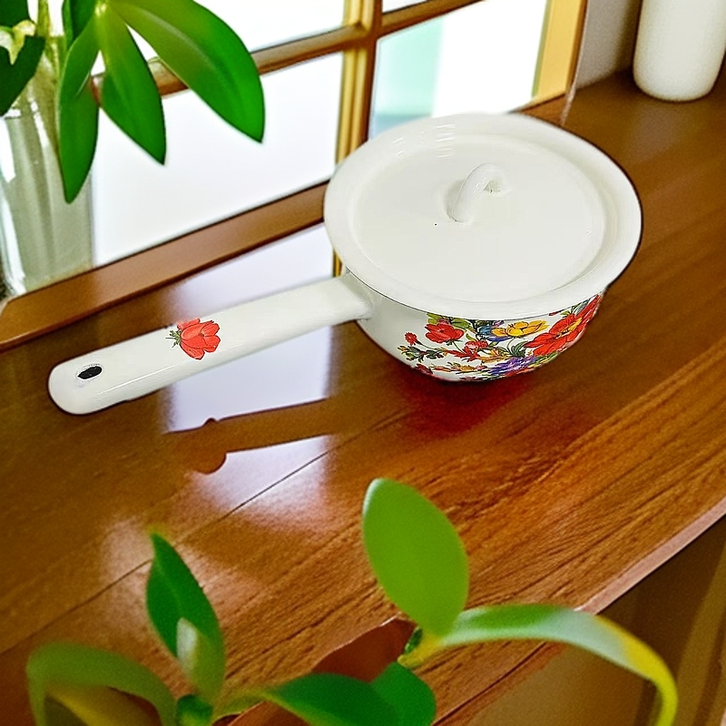 新疆包邮【16CM白缤纷奶锅】搪瓷迷你奶锅宝宝辅食锅家用长柄汤锅