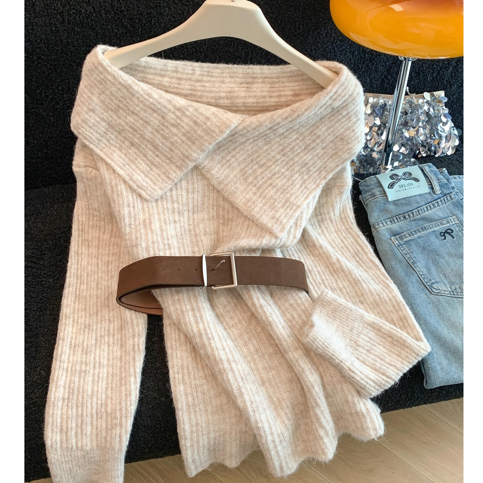 显气质绝了~韩女ins风配腰带翻领针织衫女秋冬2025高级感别致毛衣