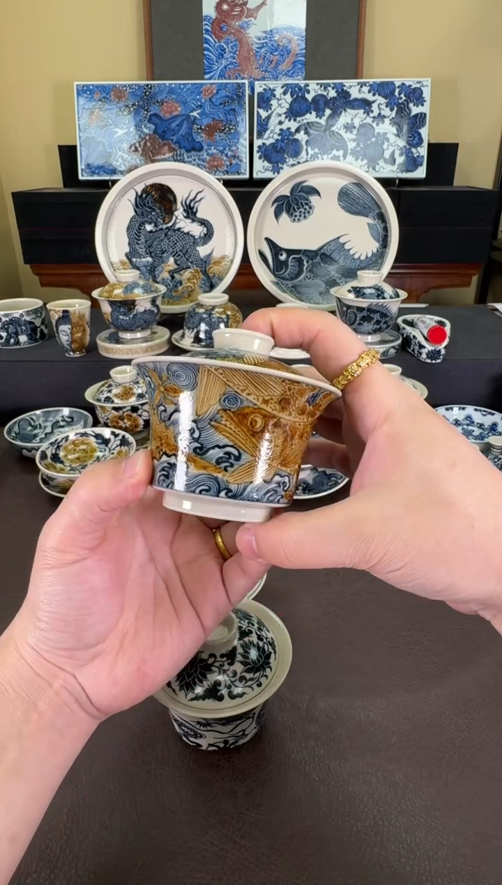 【闪购商品】二号釉海浪鳜鱼马蹄盖碗