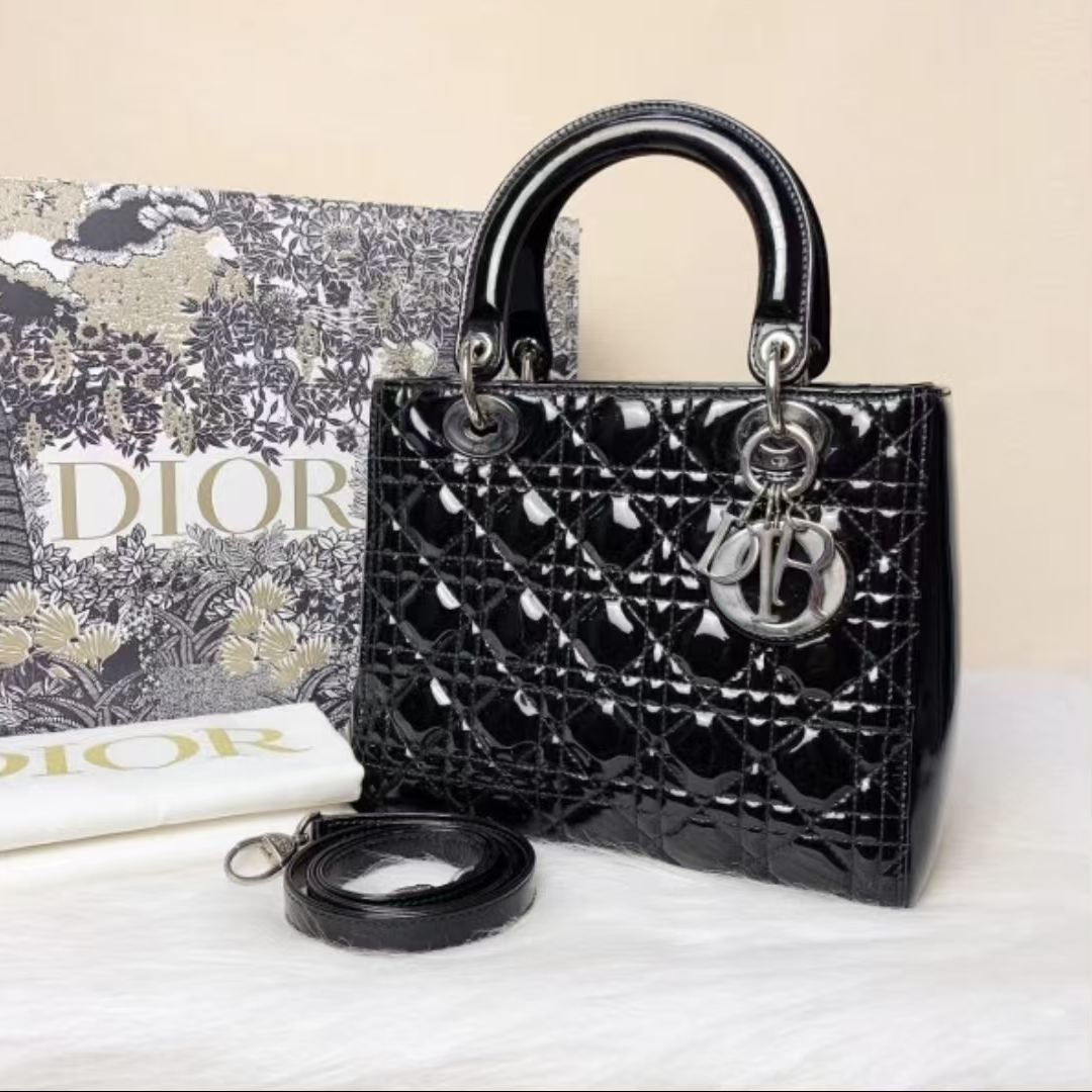 95新 DIOR/迪奥 安洁利 迪奥黑色光面五格戴妃