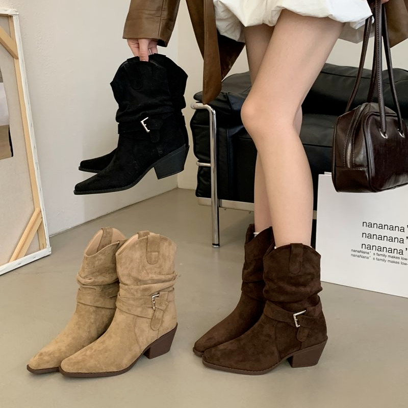 马丁靴女2025美拉德增高靴子尖头高跟单靴显瘦英伦风短筒堆堆短靴