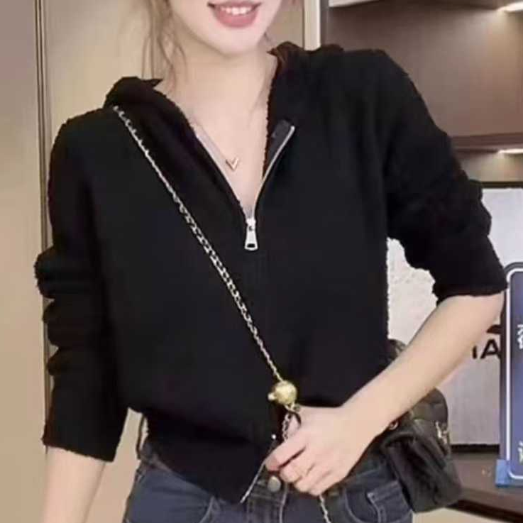 加厚连帽双拉链针织毛衣女秋冬新款时尚洋气减龄上衣#2904