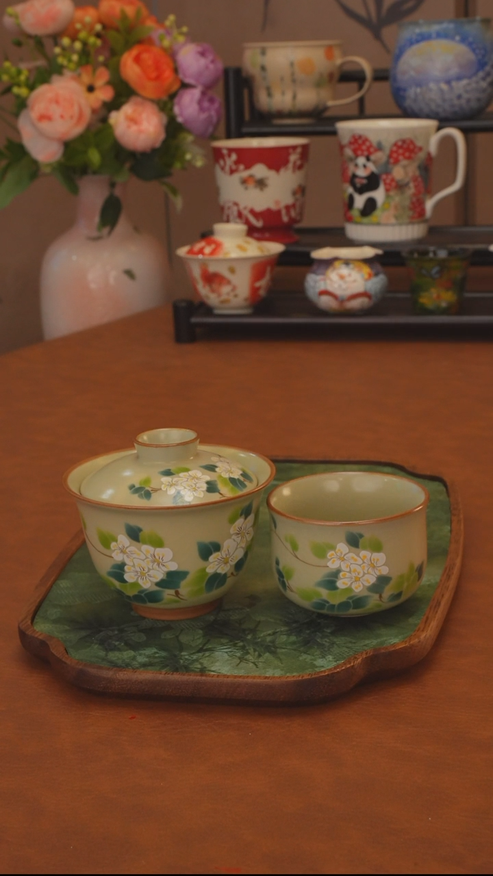 山茶花系列 二才盖碗+杯 带开片