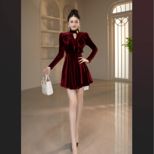 【冯艳定制】法式丝绒拼接显瘦连衣裙复古气质结婚秋冬长袖41178