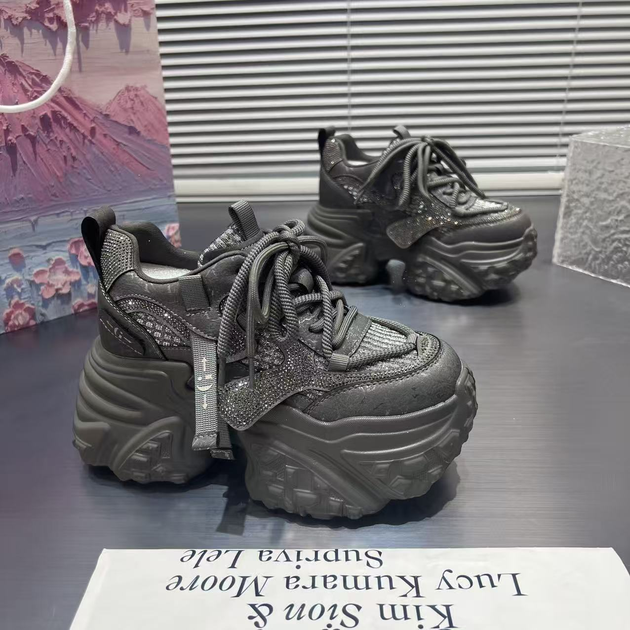 【羊】【加绒/单里】欧洲站2025新款运动老爹鞋百搭水钻厚底增高女鞋