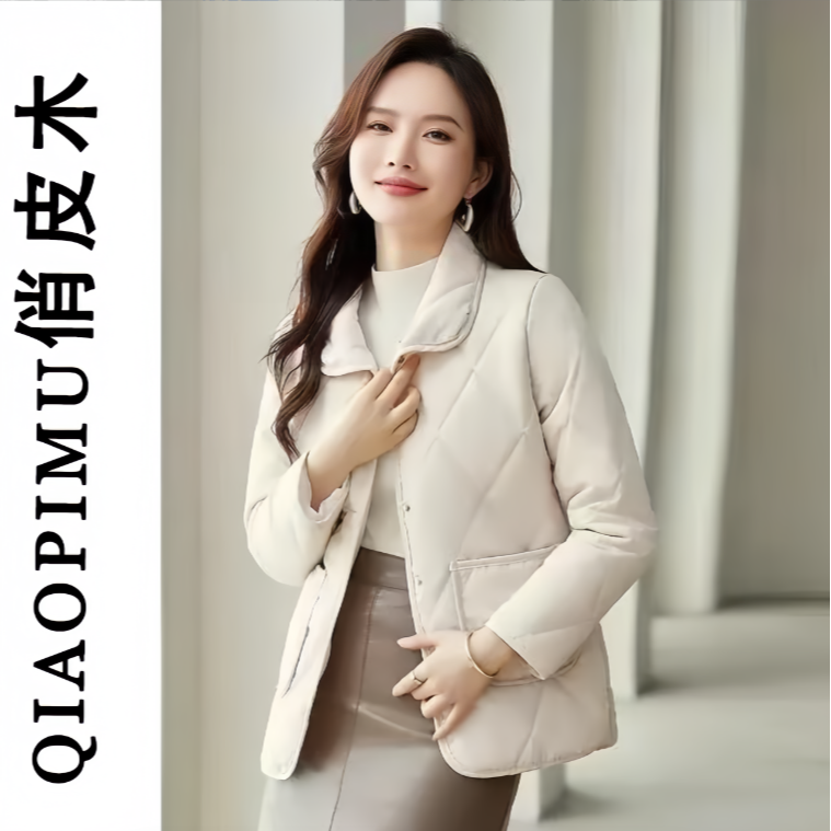 春秋新款翻领复古菱格短款棉衣时尚保暖棉服外套