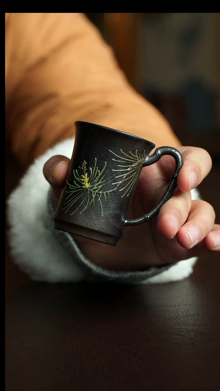 茶杯紫砂3号 特惠松枝柴烧竹节把杯 宜兴紫砂原矿作品