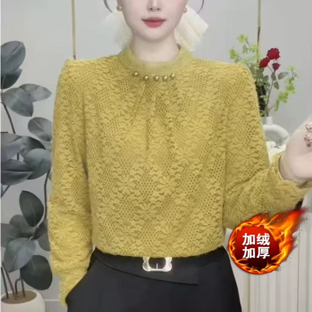 冬季新款加绒保暖钉珠长袖气质衬衫女蕾丝宽松显瘦洋气圆领打底衫