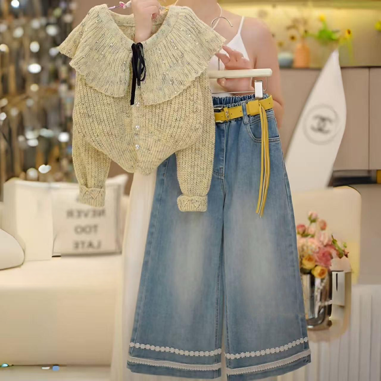 女童秋季新款翻领针织开衫阔腿裤两件套2025新款娃娃领套装HCD220