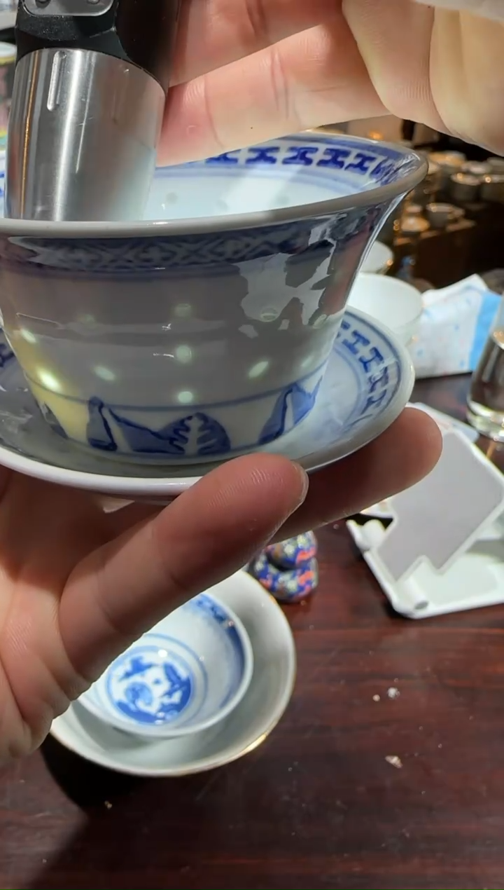 杯青花玲珑三才盖碗三件套