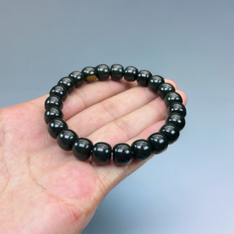 河磨玉墨绿色老型珠手串时尚简约精工小众珠宝