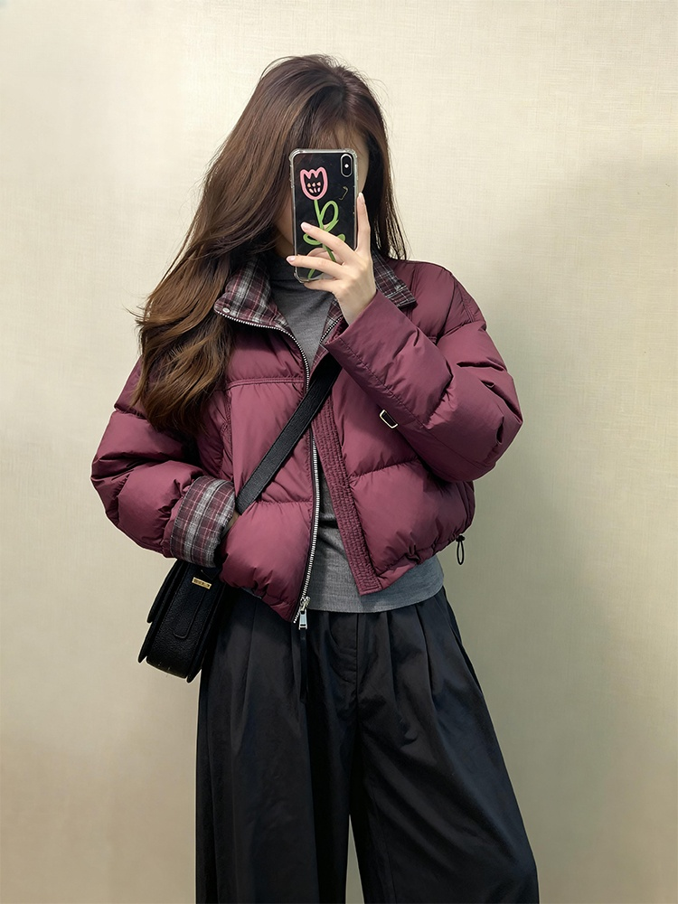 2025巨好看的红色格子翻领羽绒服女冬小个子短款面包服厚外套棉袄