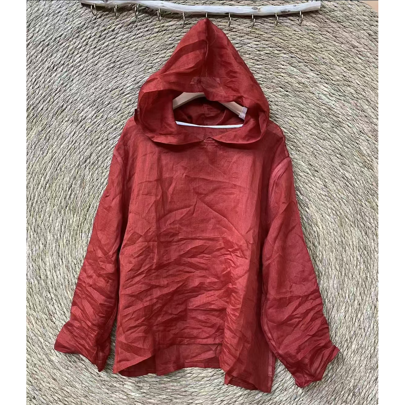 新款百分百100织纯苎麻加大码纯色长袖帽衫上衣