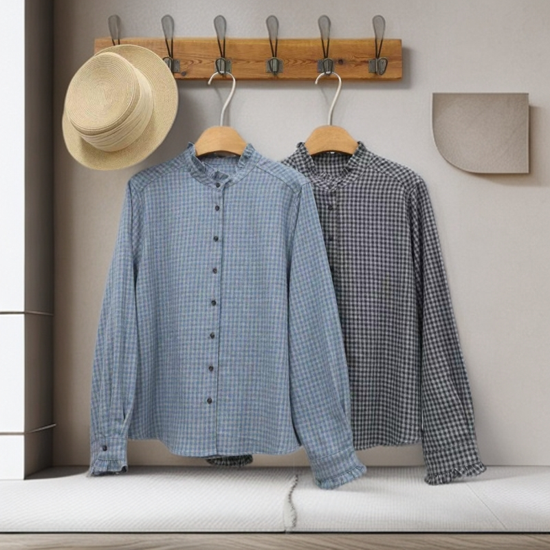 秋季新款休闲日系百搭磨毛木耳领单排扣格子衬衫女款