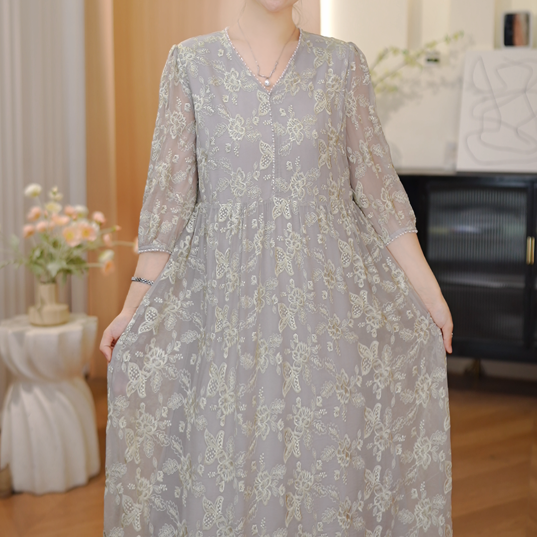 【DuShang】真丝桑蚕丝V领法式小众连衣裙DS1055