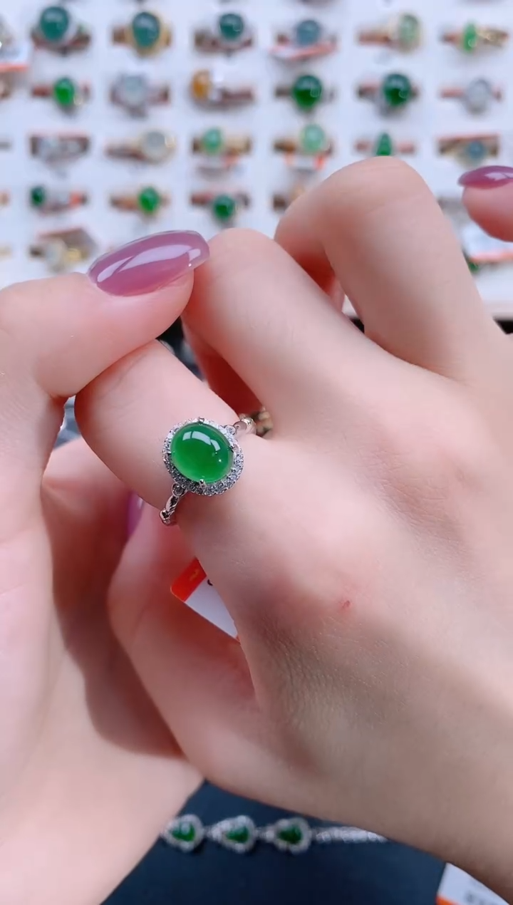 翡翠戒指银S925镶嵌天然翡翠