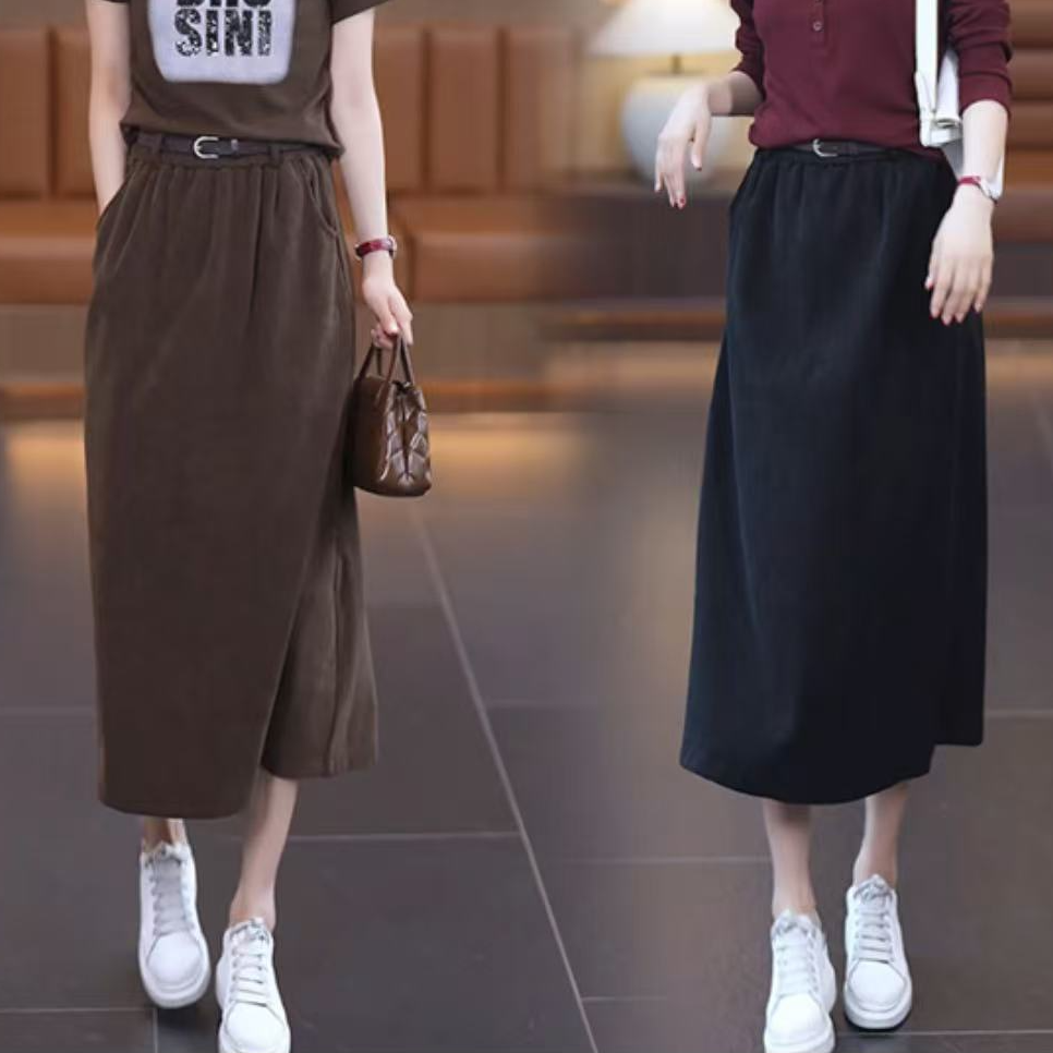 2024春秋新款显瘦纯色松紧腰半身裙时尚百搭女裙子A字裙0902长75