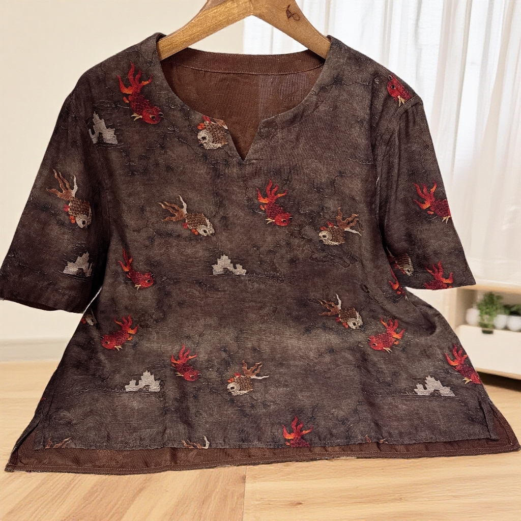 963【小吴专属】新款高定设计时尚百搭V领双面穿锦鲤提花减龄上衣