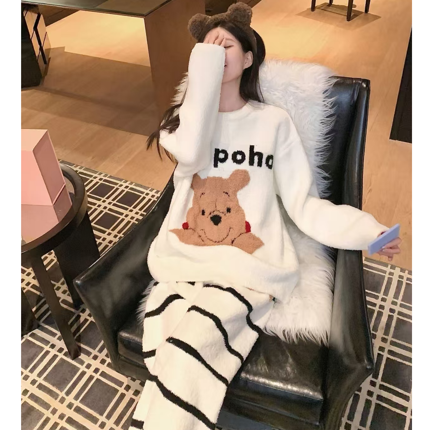 【现货】半边绒明星同款可爱小熊睡衣女冬季加厚保暖可外穿家居服女