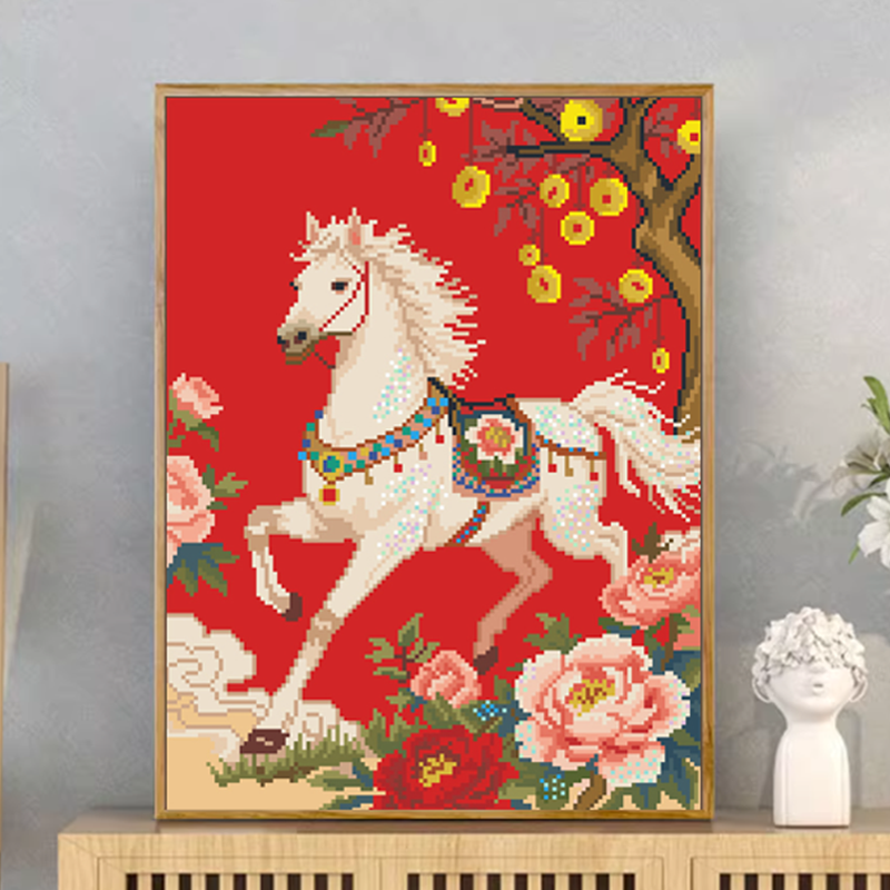 垚心十字绣满绣新款客厅卧室挂画马上有福动物图案自己绣棉线刺绣