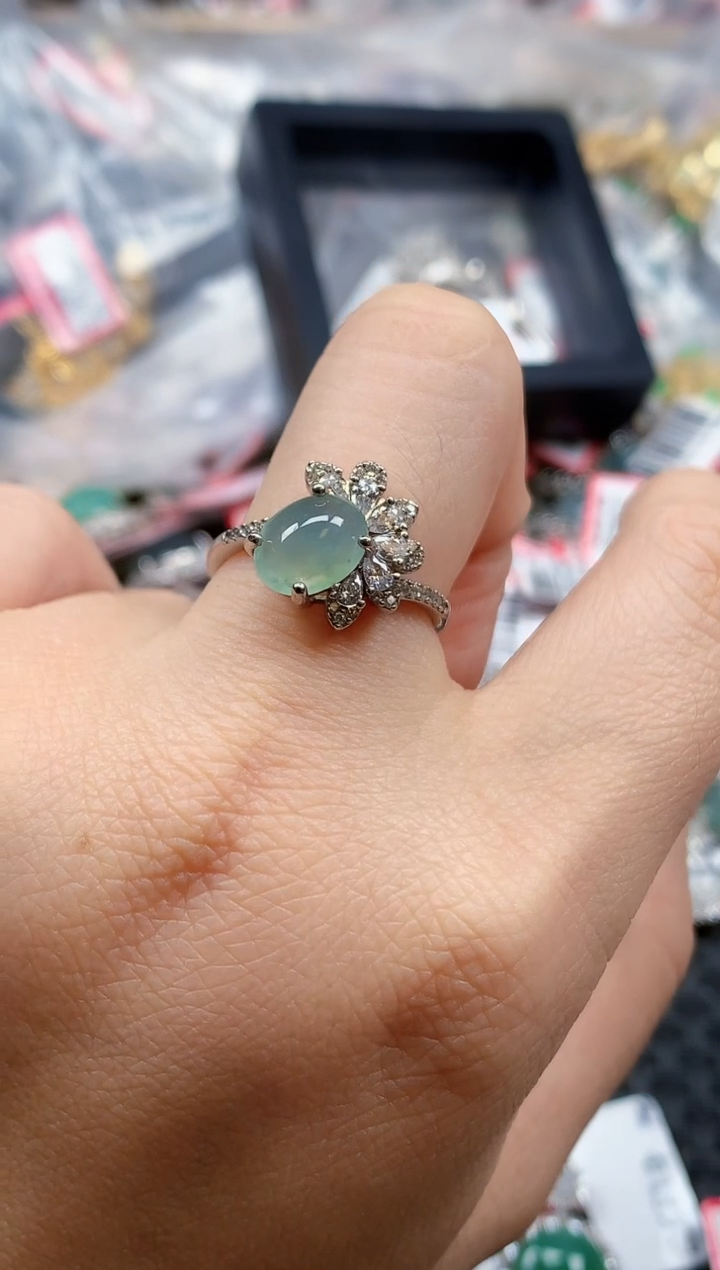 银S925镶嵌戒指翡翠天然A货缅甸翡翠