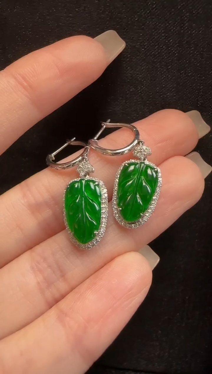 【闪购商品】翡翠耳饰18K金镶嵌003叶子一对