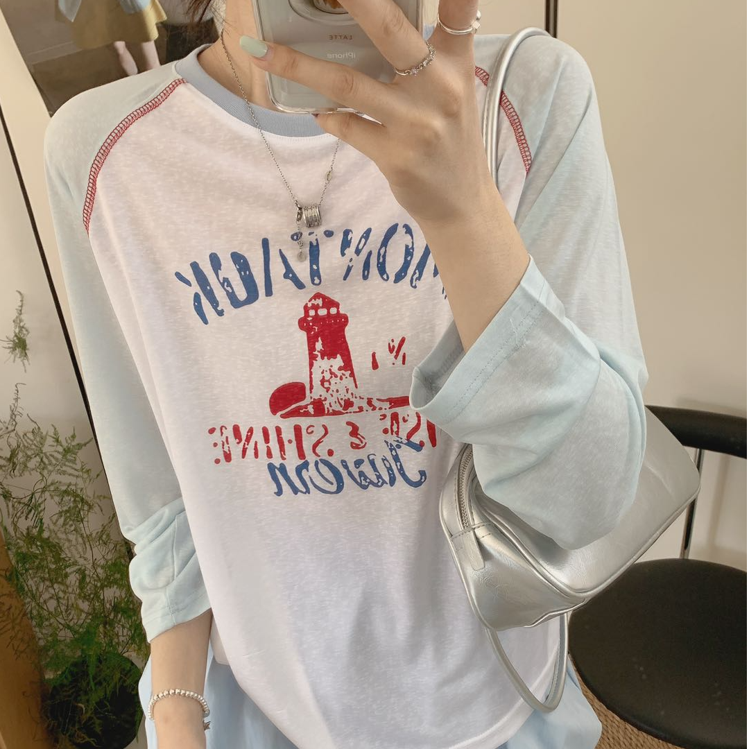 A1707 字母灯塔夏日防晒 插肩袖设计圆领宽松T恤