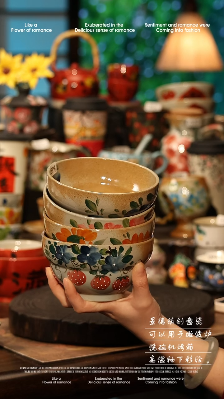 陶瓷四件套景德镇高温釉下彩手工手绘款式