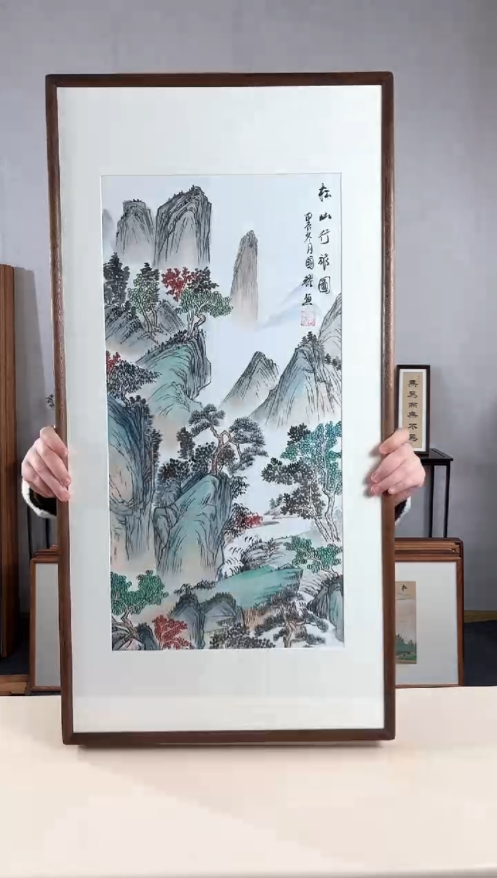 【闪购商品】国画手绘*松山行旅图*47*92cm实木框