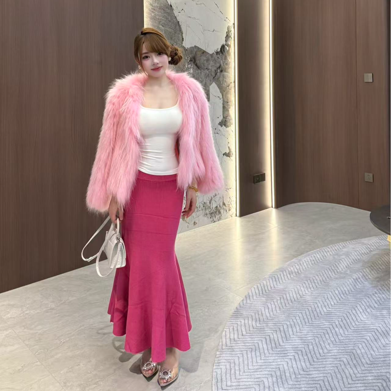 思思家【桃粉色毛毛】冬季双边编织短款冷白色桃粉色毛毛草外套