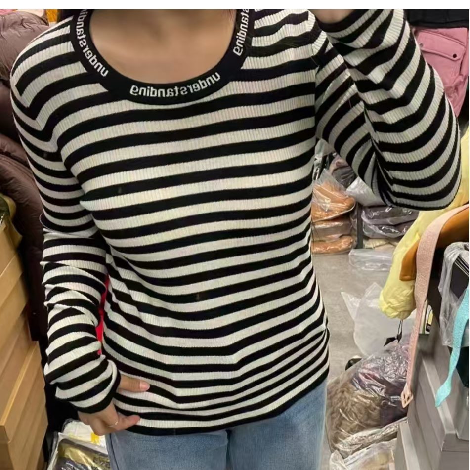 针织圆领简约弹力大亲肤宽松百搭字母长袖打底衫t恤上衣女春秋冬