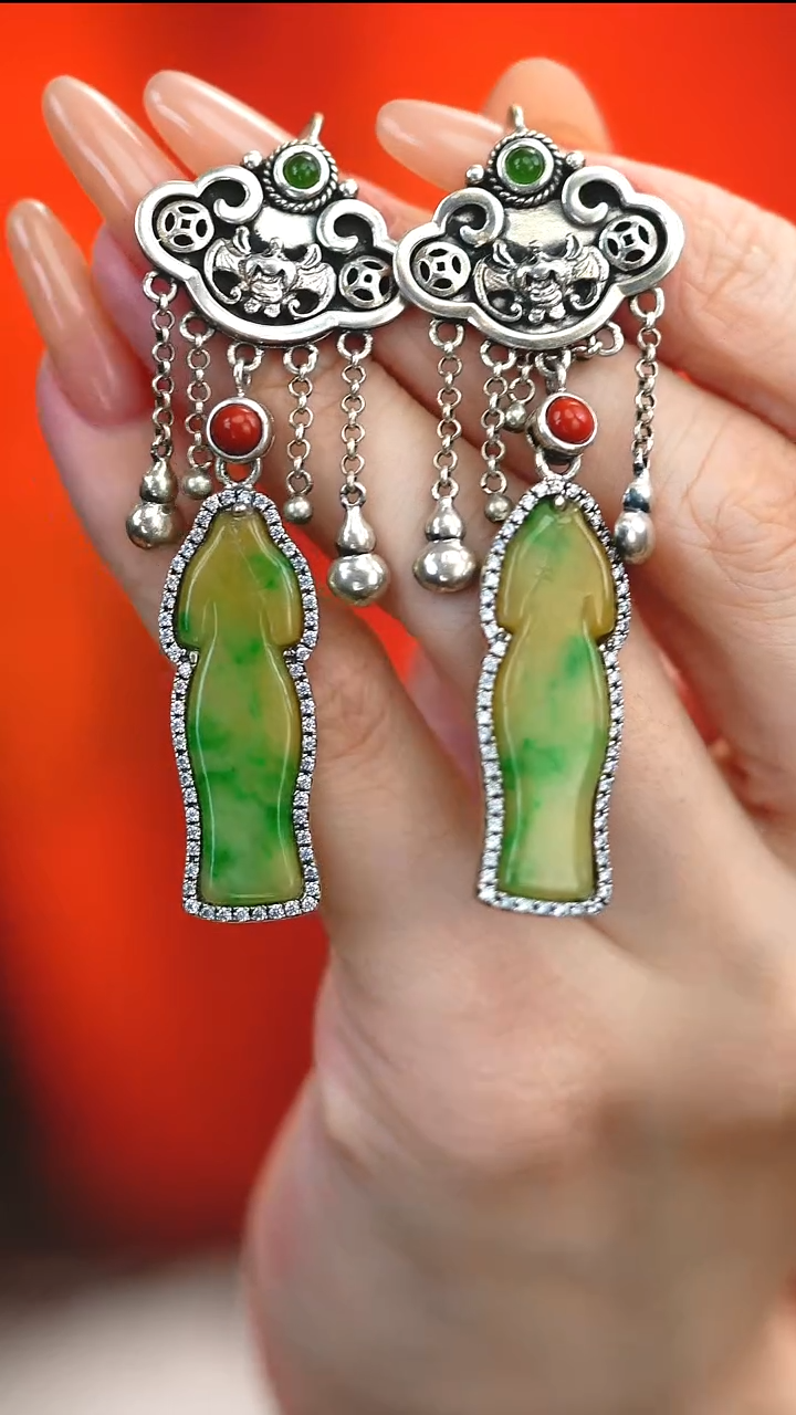 银S925镶嵌翡翠耳饰新款