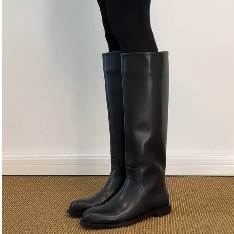 牛皮版英伦风百搭骑士时装靴瘦筒版靴子高筒靴女鞋粗跟瘦瘦靴短靴