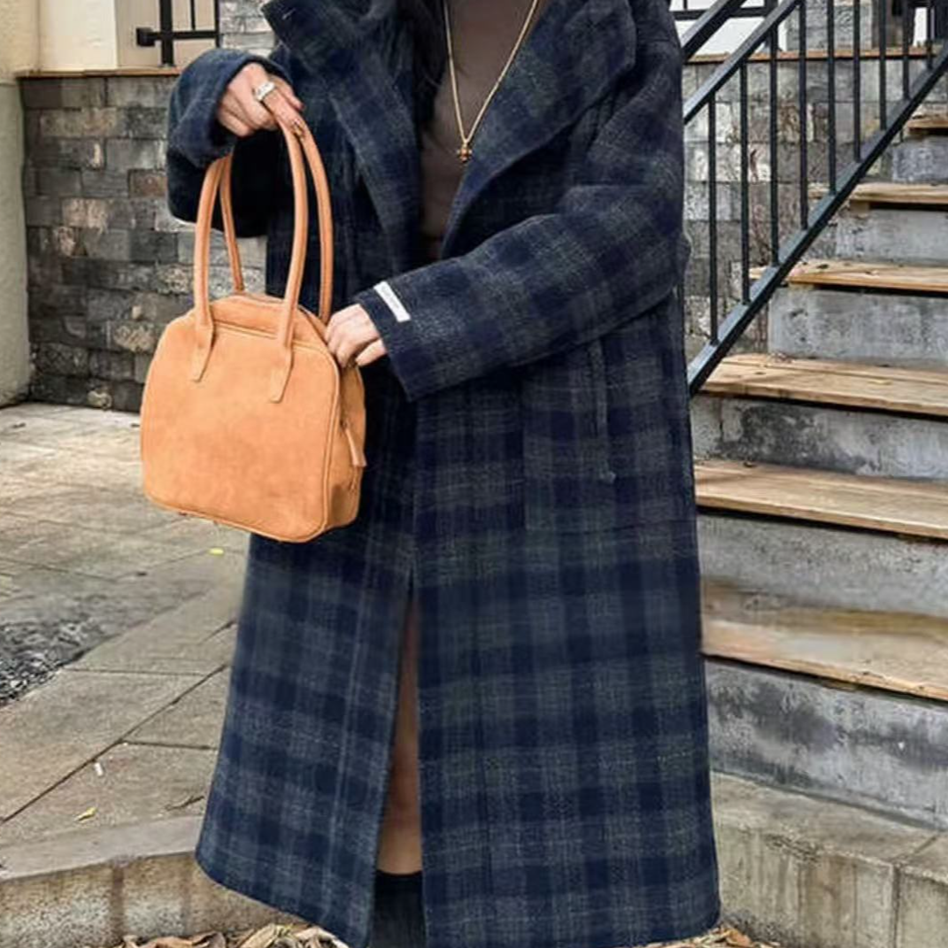 2025秋冬百搭新款连帽格子高级双面呢长款显瘦高个子厚外套大衣