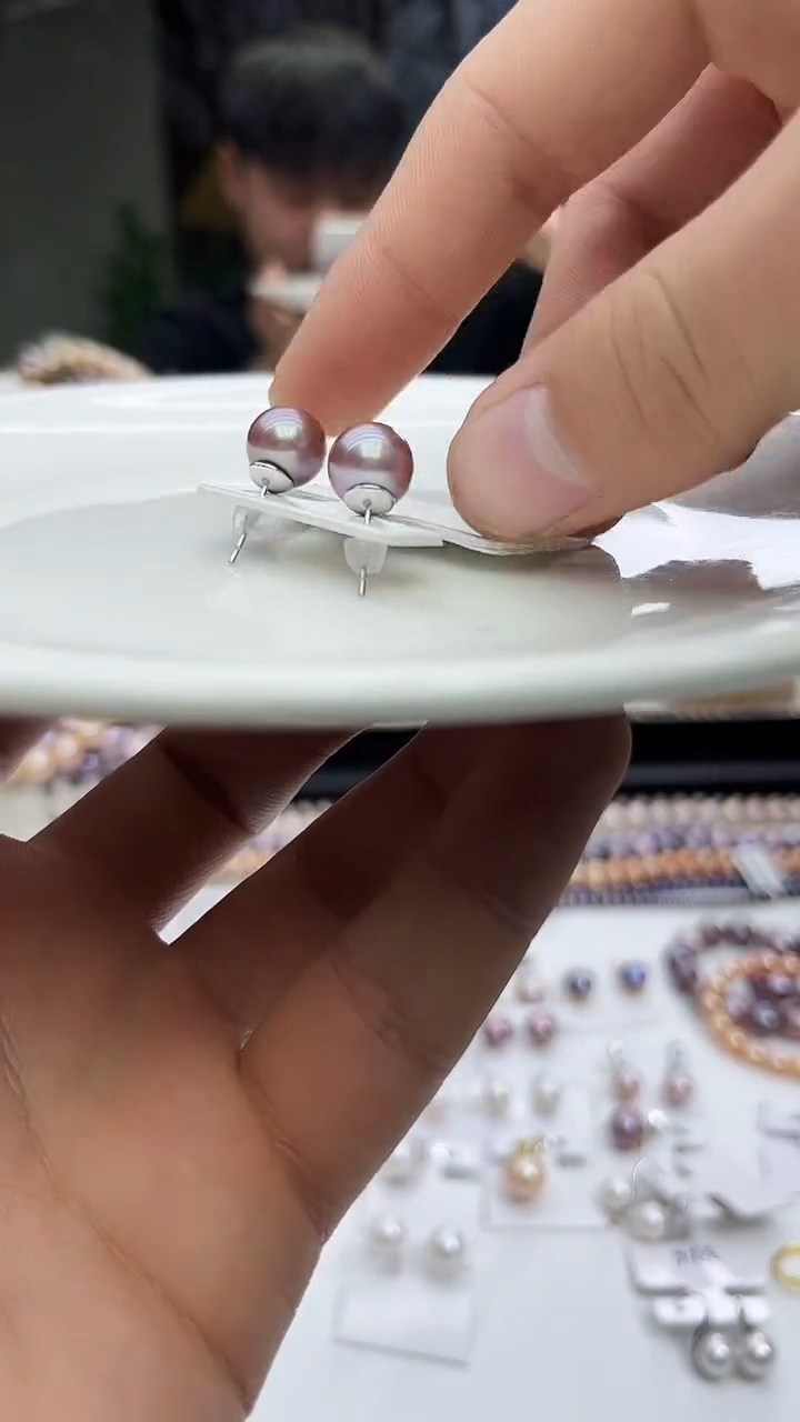 未镶嵌耳饰淡水珍珠紫色系10mm素钉
