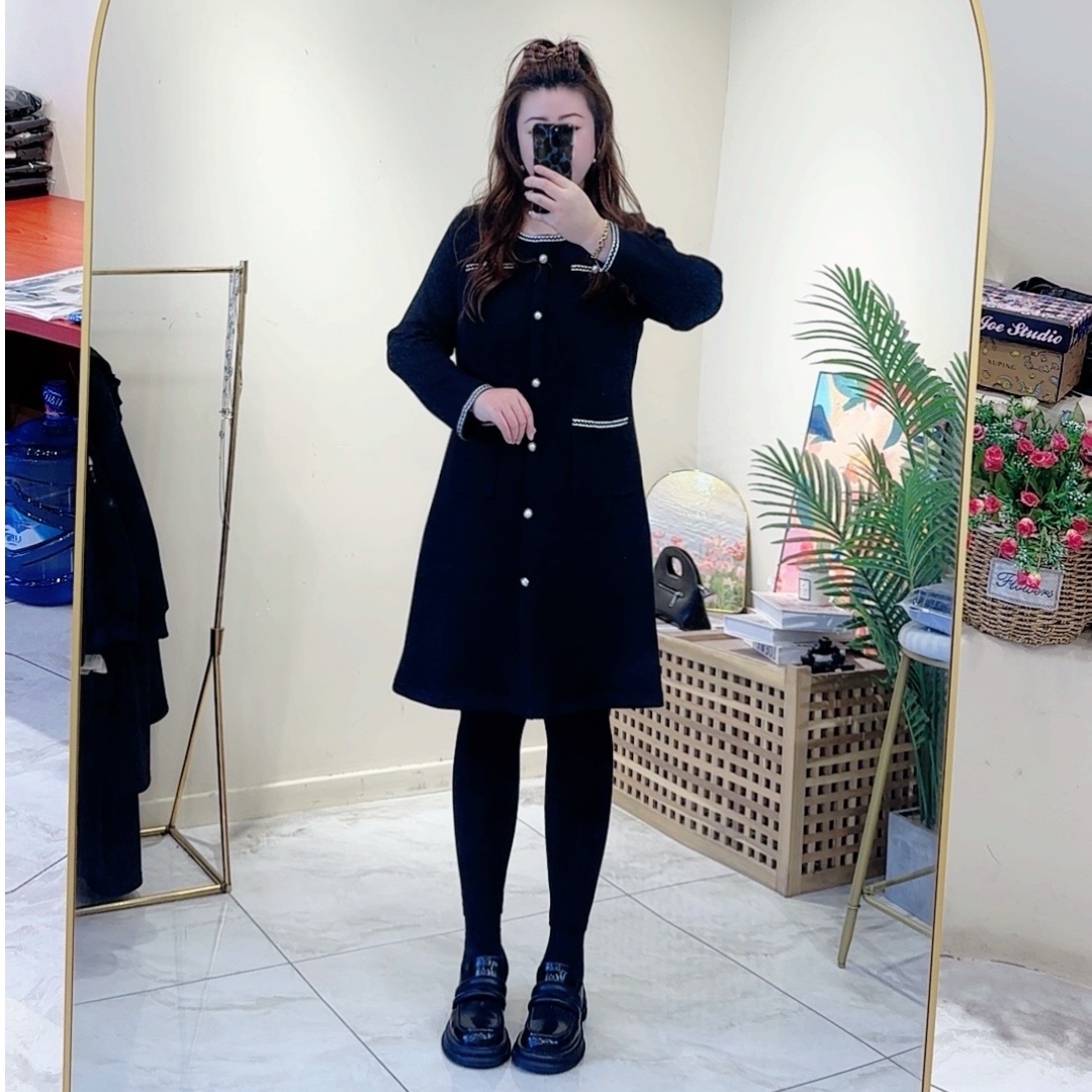 小香风兜款收腰连衣裙女 大码显瘦气质时尚秋冬韩版裙子女装