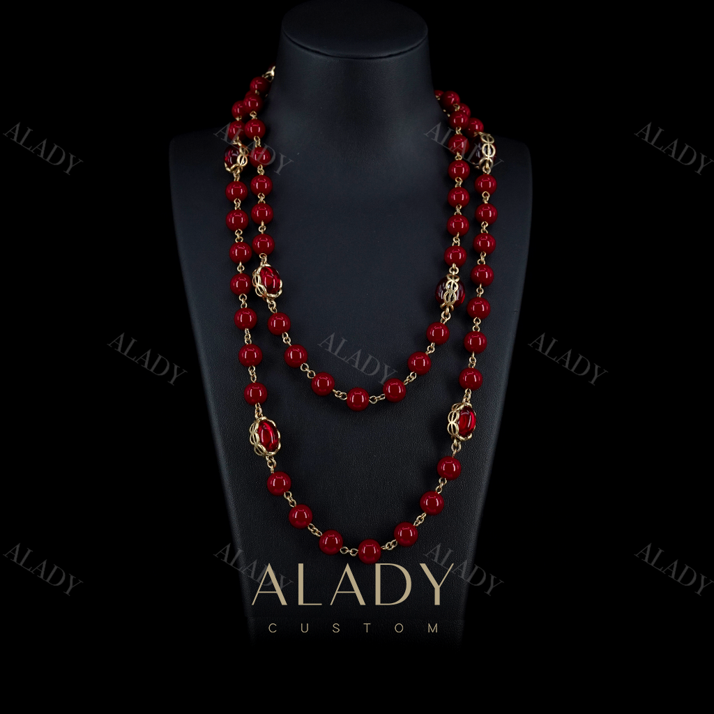合金合成锆石项链 【红韵满满】红色长款时尚圆珠项链