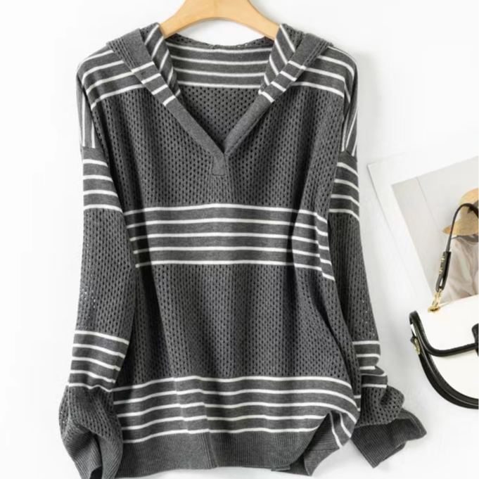 TY/-连帽镂空撞色落肩套衫针织衫*LZ 23108 灰色