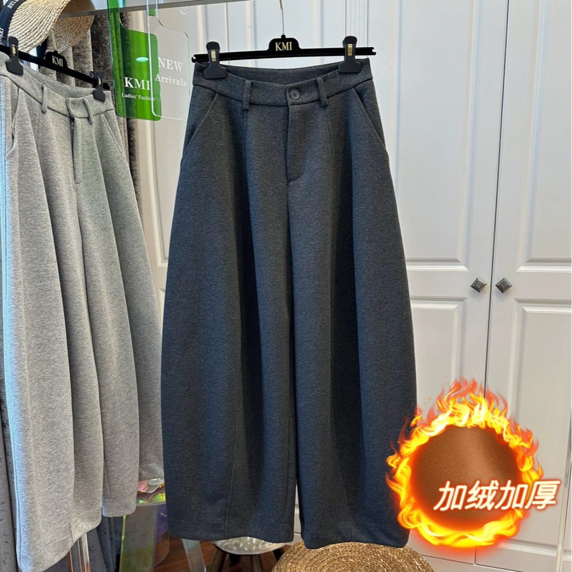 2025秋冬欧货职业通勤休闲百搭纯色高腰宽松卫裤加绒女弯刀裤