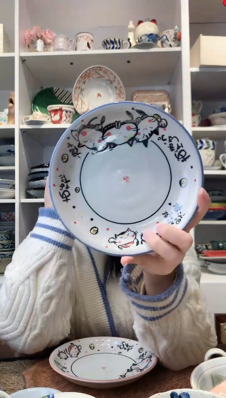 陶瓷【孤品】蓝色三福猫盘子16.5cm