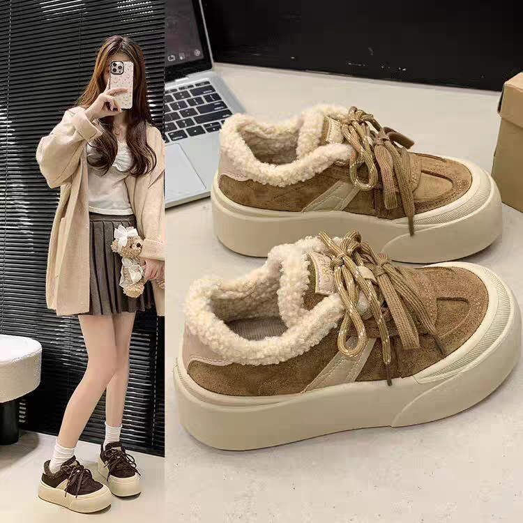 小敏家 复古加绒增高双鞋带设计感德训鞋 丑萌舒适保暖休闲板鞋