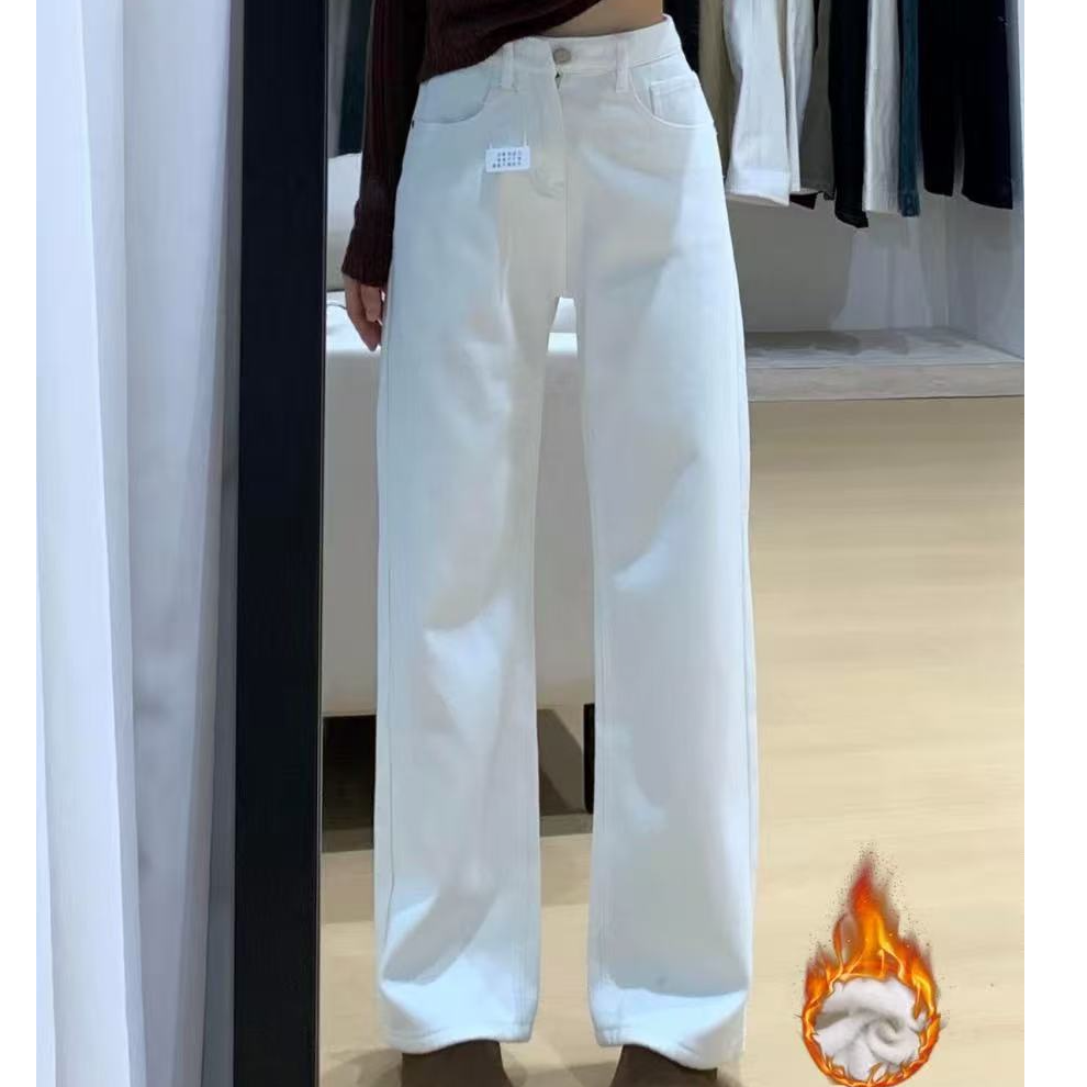  加绒加厚白色牛仔裤女冬季新款时尚洋气减龄直筒裤#8199