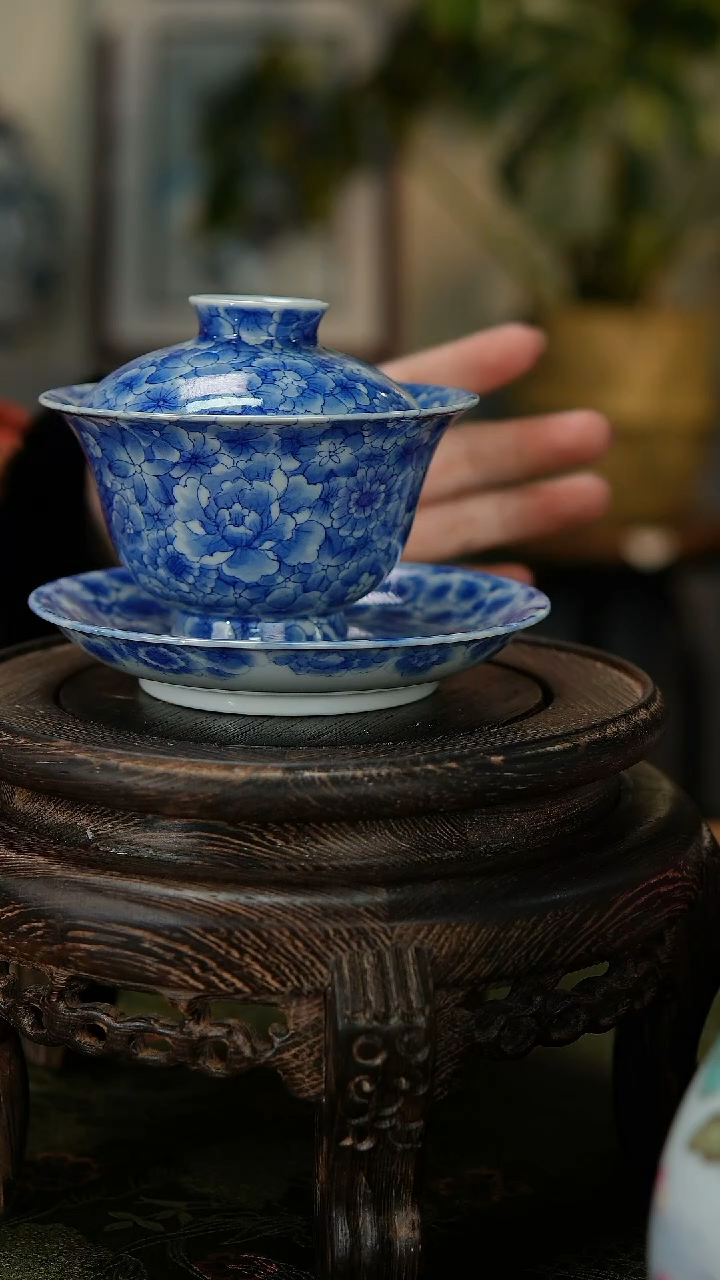 【闪购商品】043国企好瓷推荐青花万花三才盖碗