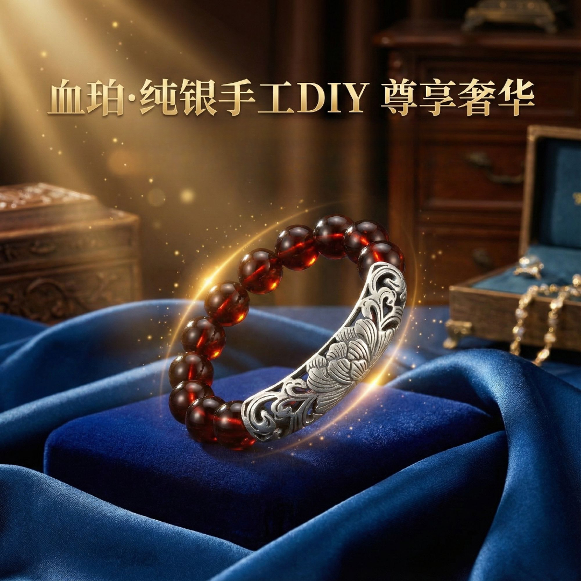 复古12mm牡丹弯牌银血珀圆珠手链手串06200674