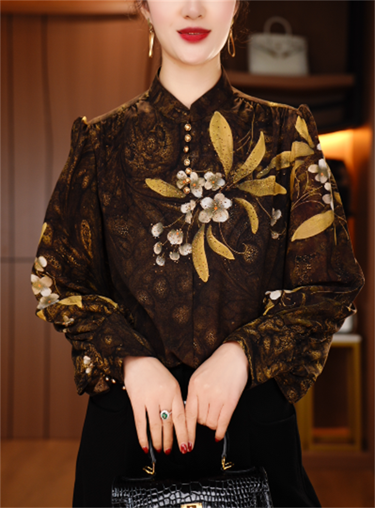 诺诗 新款洋气宽松显瘦优雅轻奢气质印花百搭小衫V24G259