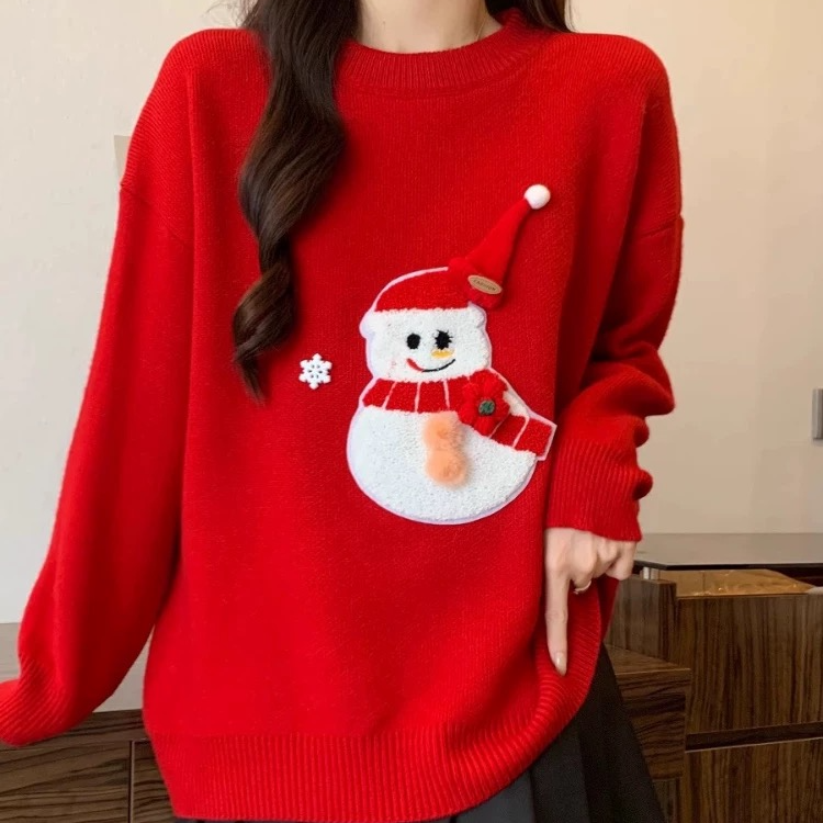 秋冬韩系氛围感雪人布偶毛衣大码女装胖mm宽松慵懒加厚针织衫上衣